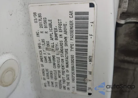 2008 Honda Accord 2.4 Lx from USA, damaged, VIN 1HGCP26398A108260